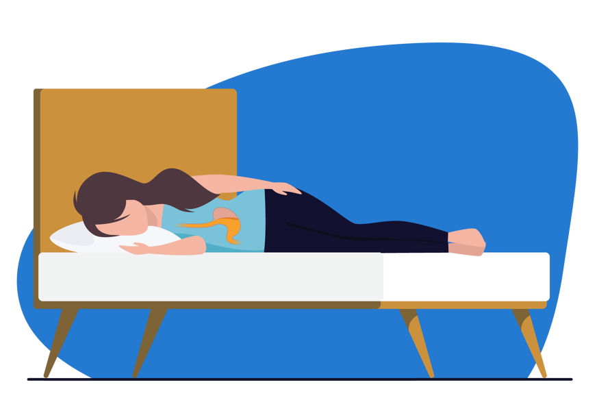 Ilustração de uma mulher deitada de lado na cama, com refluxo gástrico.